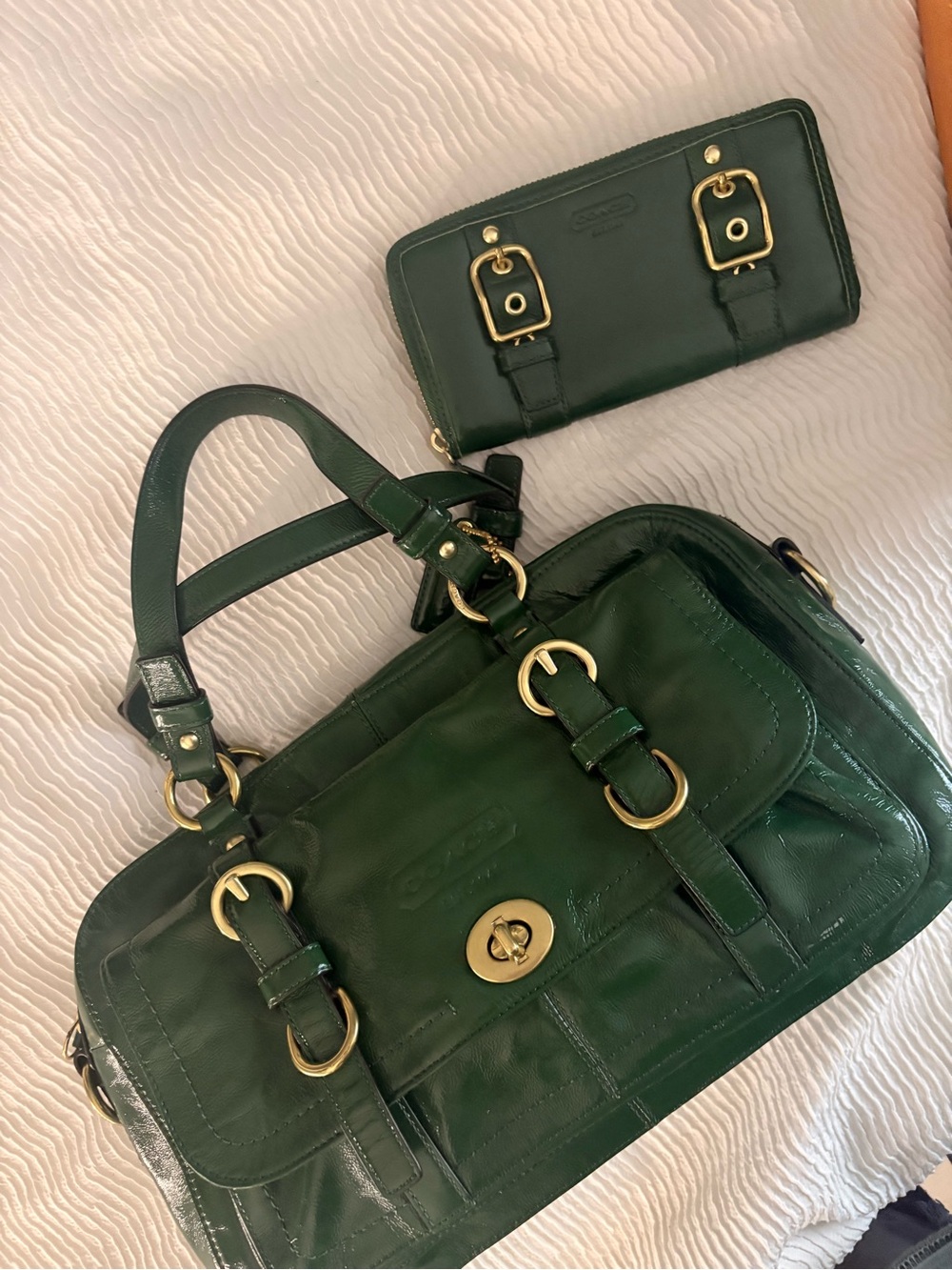 Coach Dark Green Leather Satchel with Matching Wallet